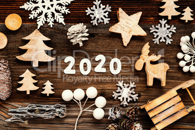Wooden Christmas Decoration, 2020, Tree, Fir Cone And Sled