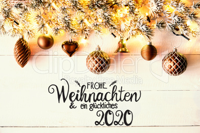 Golden Christmas Decoration, Fir Branch, Glueckliches 2020 Means Happy 2020
