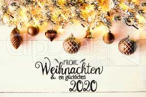 Golden Christmas Decoration, Fir Branch, Glueckliches 2020 Means Happy 2020