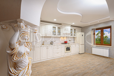 Luxury modern white and beige kitchen interior