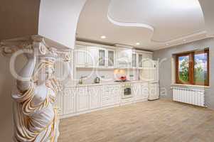Luxury modern white and beige kitchen interior