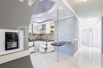 Luxury modern white colored kitchen interior with corridor