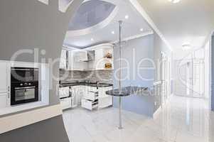 Luxury modern white colored kitchen interior with corridor