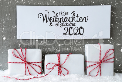 Three Gifts, Sign, Snow, Glueckliches 2020 Means Happy 2020, Snowflakes