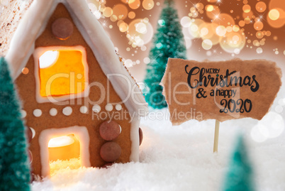 Gingerbread House, Snow, Merry Christmas And A Happy 2020, Golden Background