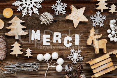 Wooden Christmas Decoration, Merci Means Thank You, Tree And Sled