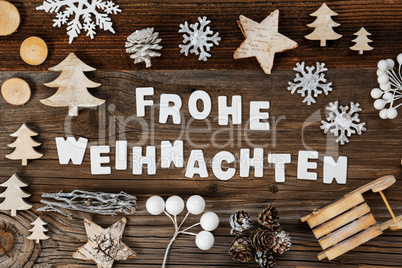 Wooden Decoration, Frohe Weihnachten Means Merry Christmas, Tree And Sled