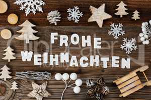Wooden Decoration, Frohe Weihnachten Means Merry Christmas, Tree And Sled