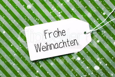 Green Wrapping Paper, Label, Frohe Weihnachten Means Merry Christmas, Snowflakes