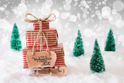 Sled, Present, Snow, Glueckliches 2020 Means Happy 2020, Gray Background