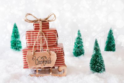 Sled, Present, Snow, Happy Weekend, Gray Background