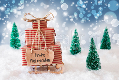 Sled, Present, Snow, Frohe Weihnachten Means Merry Christmas, Blue Background