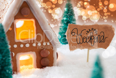 Gingerbread House, Snow, Happy Weekend, Golden Background