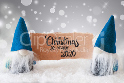 Santa Claus, Blue Hat, Merry Christmas And A Happy 2020, Gray Background