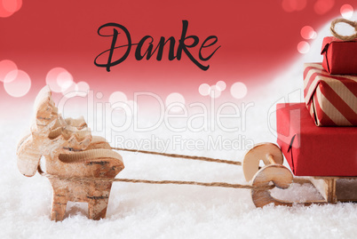 Reindeer, Sled, Snow, Red Background, Danke Means Thank You