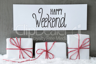 Three Gifts, Sign, Snow, Happy Weekend, Concrete Background