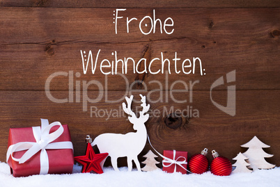 Reindeer, Gift, Tree, Ball, Snow, Frohe Weihnachten Means Merry Christmas