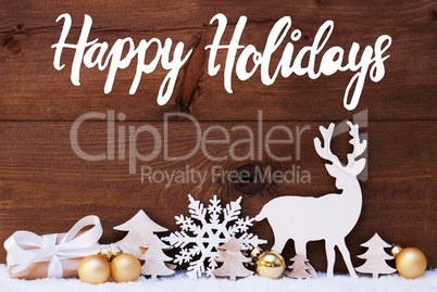 Reindeer, Gift, Tree, Golden Ball, Snow, Happy Holidays