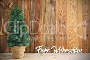 Christmas Tree, Brown Wooden Background, Frohe Weihnachten Means Merry Chirstmas