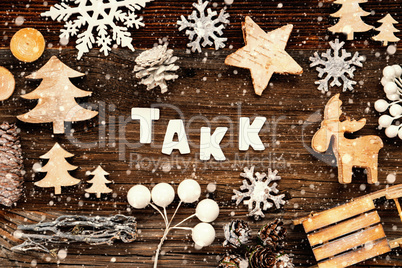 Christmas Decoration, Takk Means Thank You, Tree And Sled, Snowflakes