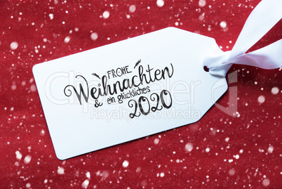 Red Background, Label, Glueckliches 2020 Means Happy 2020, Snowflakes