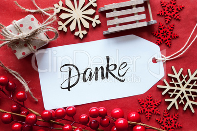 Bright Red Christmas Decoration, Label, Danke Means Thank You