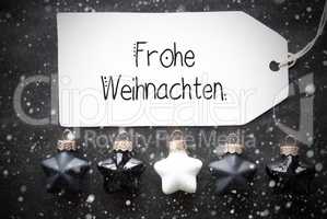 Black Christmas Ball, Label, Frohe Weihnachten Means Merry Christmas, Snowflakes