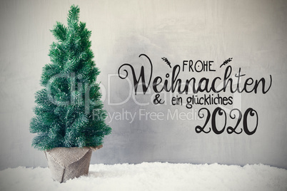 Christmas Tree, Snow, Gray Background, Glueckliches 2020 Means Happy 2020