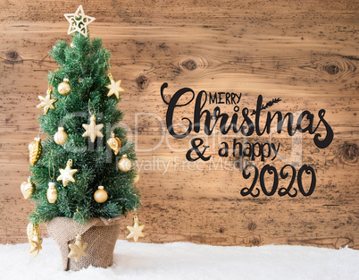 Christmas Tree, Wooden Background, Snow, Merry Christmas And A Happy 2020