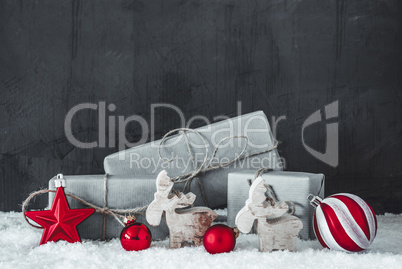 Snow, Gift, Red Decoration, Copy Space, Black Background