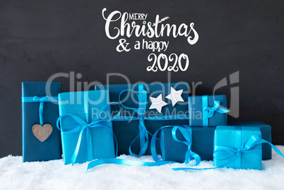 Turquois Gift, Snow, Merry Christmas And A Happy 2020, Black Background
