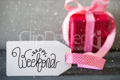 Pink Christmas Gift, Calligraphy Happy Weekend, Snowflakes