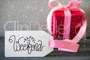 Pink Christmas Gift, Calligraphy Happy Weekend, Snowflakes