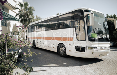 Tourist bus at the entrance to the hotel