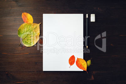 Letterhead, pencil, eraser, leaves