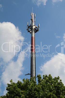 Communications tower with blue Cloud sky background