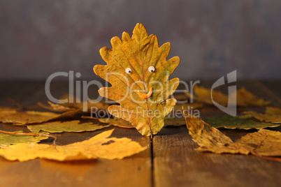 Yellow autumn oak leaf in the form of a face