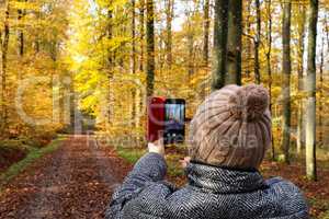 A woman takes pictures of a beautiful autumn forest