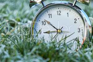 The alarm clock is in the grass covered with frost