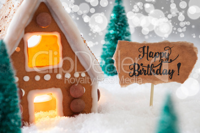 Gingerbread House, Snow, Happy Birthday, Silver Background