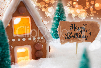Gingerbread House, Snow, Happy Birthday, Golden Background