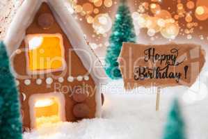 Gingerbread House, Snow, Happy Birthday, Golden Background