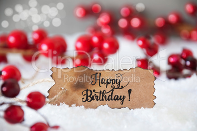 Red Christmas Decoration, Snow, Label, Happy Birthday