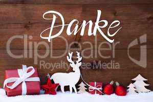 Reindeer, Gift, Tree, Ball, Snow, Danke Means Thank You