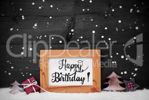 Frame, Gift, Tree, Snow, Snowflakes, Calligraphy Happy Birthday