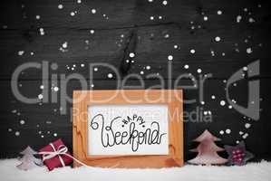 Frame, Gift, Tree, Snow, Snowflakes, Calligraphy Happy Weekend