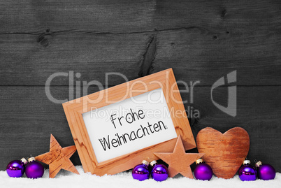 Frame, Purple Ball, Snow, Frohe Weihnachten Means Merry Christmas