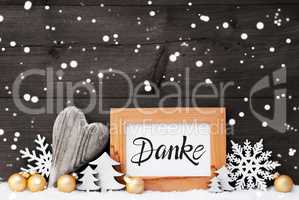 Heart, Golden Ball, Tree, Danke Means Thank You, Gray Background