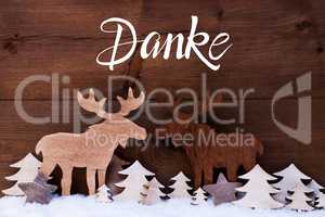 Moose, Wooden Tree, Snow, Danke Means Thank You