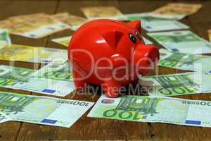 Red piggy bank stands on euro of different euro notes